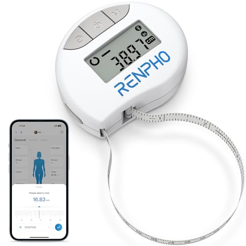 RENPHO Body Measuring Tape Smart Tape Measure for Weight Loss Bluetooth Tape with App Retractable Tape for Measuring Waist Hip Bust Arms Muscle Gain Fitness Equipment 60in 150cm White